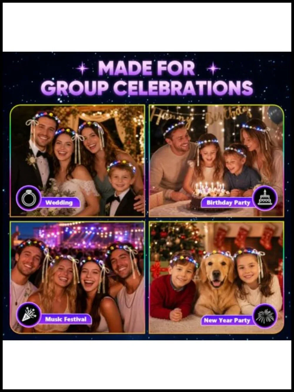 50 LED Flower Crowns Headbands Glow in Dark Party Favors Ribbons Floral